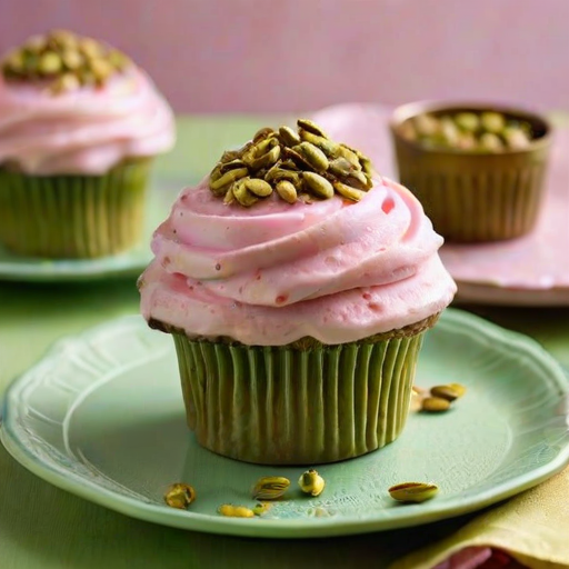 Create an image of two small round cakes on green cake stands. The cakes are coated with crushed pistachios on the sides and topped with a smooth pink frosting. Place a fork beside one of the cakes on a decorative glass plate. The background should be softly blurred to emphasize the cakes.