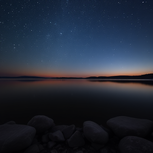 capture a serene night landscape at a still lake with clear starry skies, use a wide-angle lens at f/2.8, ISO 1600, 15-second exposure, focus on the water's surface reflecting the stars and the smooth rocks in the foreground, taken with a full-frame DSLR camera.