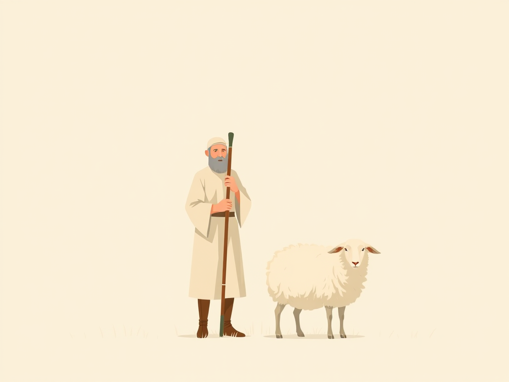 Create a minimalist illustration of a shepherd with a staff standing next to a sheep, using soft pastel colors and a plain background, captured with a Canon EOS R5 at f/5.6, ISO 100, 50mm focal length, with a wide-angle view and soft focus effect.