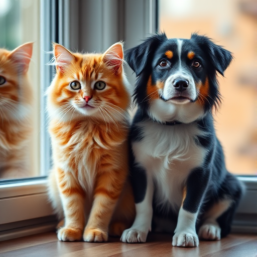 Create a high-resolution image of a fluffy orange cat and a black and white dog sitting side by side by a window, soft natural light, aperture f/2.8, ISO 200, shutter speed 1/125 sec, DSLR camera, shallow depth of field, vibrant colors.