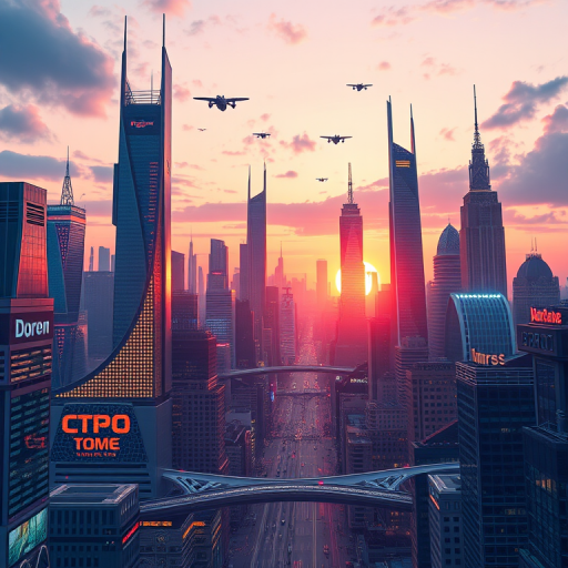 Generate a highly detailed illustration of a futuristic city skyline at sunset, featuring sleek skyscrapers, flying vehicles, and vibrant neon lights, captured with a Canon EOS R5, 35mm lens, f/1.4 aperture, ISO 100, with a wide-angle perspective to emphasize depth and scale.