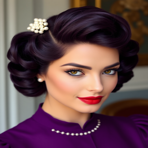 Regal deep purple victory rolls with a vintage-inspired silhouette, adorned with delicate pearl hair accessories for a touch of old Hollywood glamour