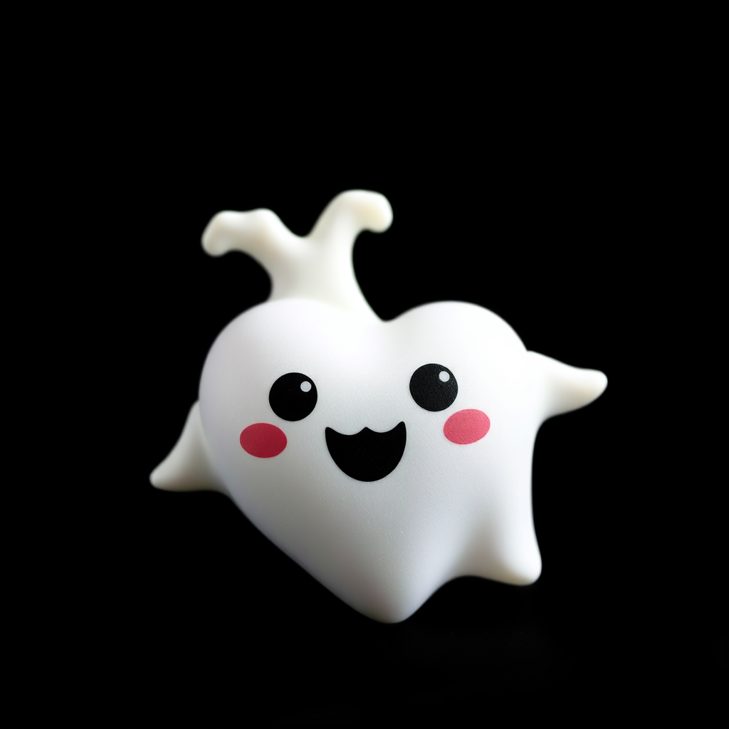 Create a high-resolution image of a white ghost heart with playful features against a solid black background, using a DSLR camera with a 50mm lens, f/1.8 aperture, ISO 100, and a soft focus style to enhance the texture and depth.