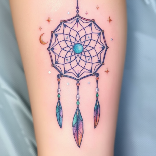 Ethereal "Celestial Dreamcatcher" tattoo features a gossamer-thin web of iridescent lines, adorned with shimmering stars and crescent moons. Soft pastel hues of lavender, mint, and rose gold create a dreamy atmosphere, while subtle white ink highlights add a touch of magic. Dangling feathers and crystals complete this ethereal design, perfect for those seeking a whimsical and enchanting tattoo.