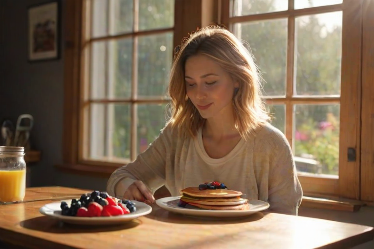 Cozy breakfast scene, with a woman enjoying pancakes topped with fresh berries and syrup, sunlight streaming through the window, illuminating the delicious meal and warm kitchen ambiance.