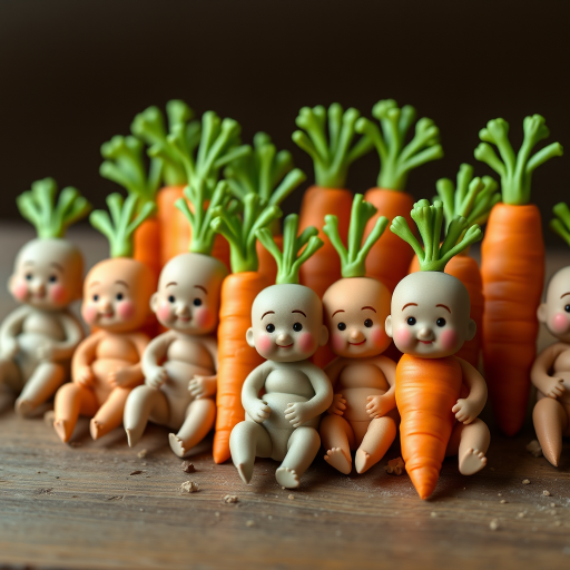 A bunch of carrots in the form of anthropomorphic babies.