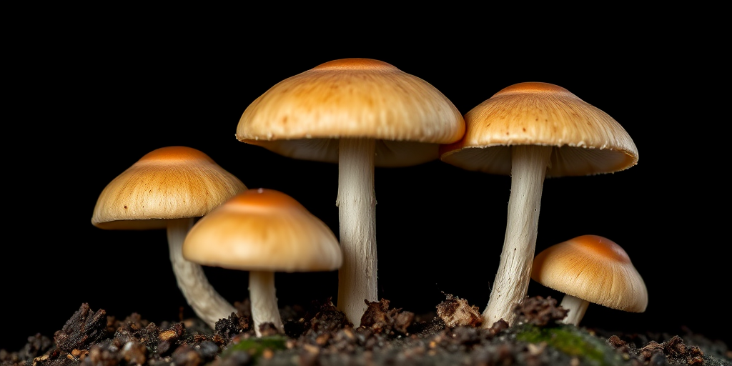 mushrooms against a black background, high contrast, macro lens, f/2.8 aperture, ISO 100, shutter speed 1/200s, soft focus lighting, shot with a DSLR camera