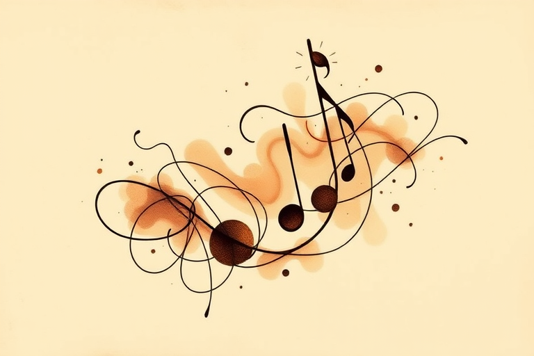 Soulful "Jazz Rhythm" tattoo concept inspired by the improvisational nature of jazz music, featuring fluid, abstract lines and shapes in warm sepia tones