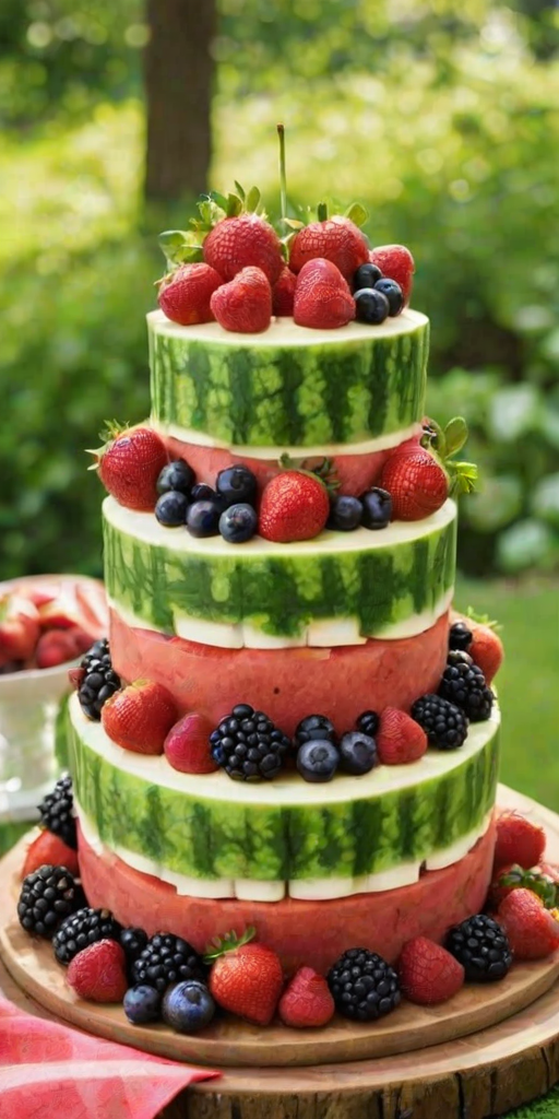 Create an image of a three-tiered cake made of watermelon, decorated with an assortment of fresh berries and fruits like strawberries, blackberries, grapes, and cherries. The cake should be placed on a wooden serving board, surrounded by green foliage for a vibrant, outdoor feel.