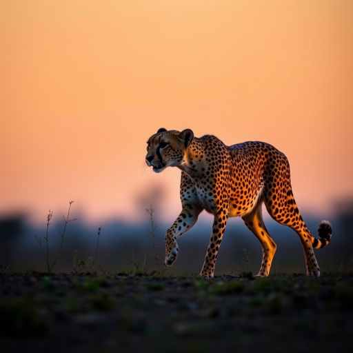 Create a high-resolution silhouette of a walking cheetah at dusk with a 50mm lens, aperture f/2.8, ISO 100, and a shallow depth of field, capturing the elegant movement and grace of the animal in a natural setting.