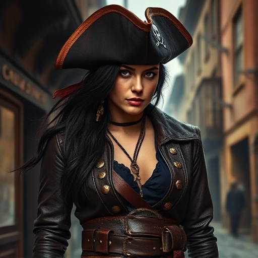 Create a portrait of a fierce female pirate. She wears a leather tricorn hat adorned with a skull and crossbones emblem, and her long, dark hair flows around her face. Her outfit consists of a richly detailed leather jacket, a corset, and multiple layers of belts and accessories, giving her a formidable and stylish appearance. She stands confidently in a dimly lit, historic port town, with a backdrop of weathered buildings and cobblestone streets, capturing the adventurous spirit of a pirate.