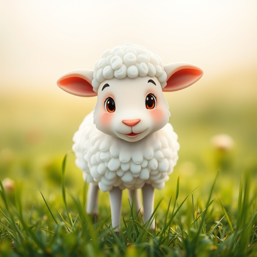 Generate a cute cartoon sheep standing in grass, captured with a DSLR camera at f/4 aperture, ISO 100, 50mm lens, in a soft-focus style with vibrant colors and a bright background.