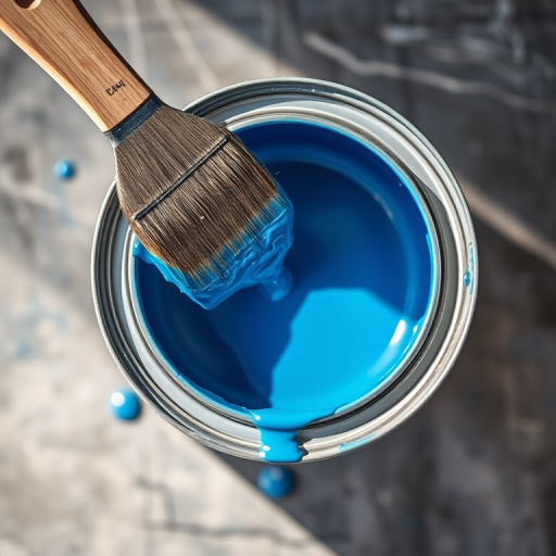 Create a high-resolution image of a paint can with dripping blue paint, captured with a Canon EOS 5D Mark IV, 50mm lens, aperture f/2.8, shutter speed 1/125 sec, ISO 100, overhead view, natural lighting for enhanced detail and vibrancy.