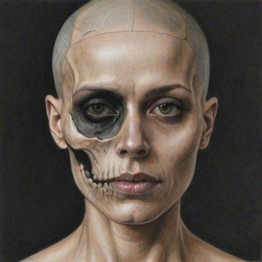 Detailed realistic drawing of the face of a woman facing the viewer but the left half of her face is skull while the right side of her face is normal. She has no hair on the left side of her face only a skull and also her eye-socket is hollow on the left side
