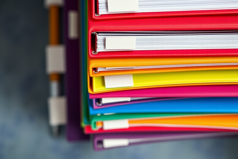 stack of colorful binders, top-down view, vibrant colors, high contrast, f/8 aperture, ISO 100, 1/200 sec shutter speed, studio lighting, DSLR camera