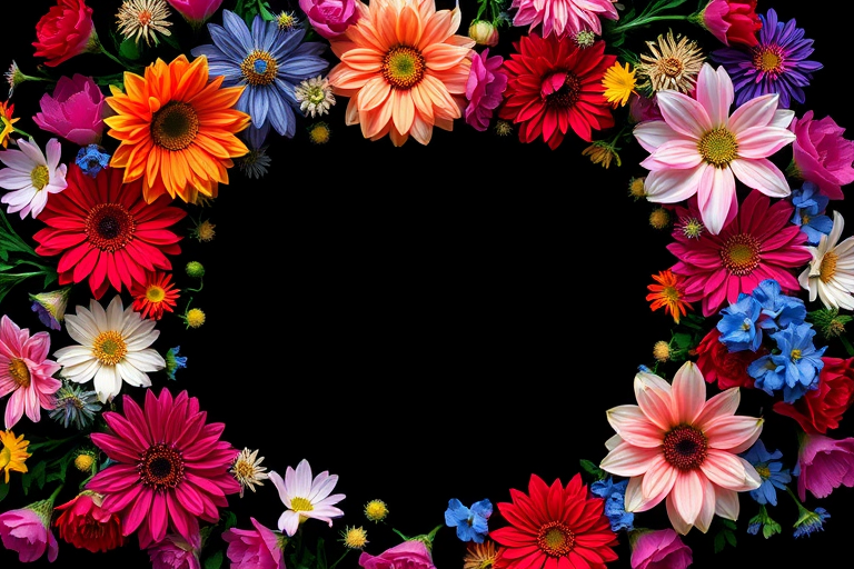 Create a vibrant floral frame with a variety of colorful flowers including reds, pinks, blues, and purples in a circular arrangement on a black background, captured with a DSLR camera, using a macro lens at f/2.8, 1/200 sec, ISO 100, with a shallow depth of field for enhanced color saturation and detail.
