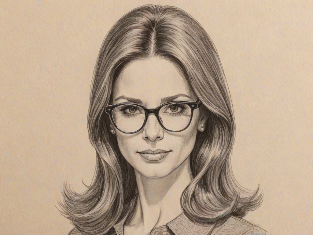 Lovely Andrea Savage, pencil sketch, portrait of Dazzling woman 1965s in glasses, hair style beatnik, outline, clear lines, fine lines, 8k