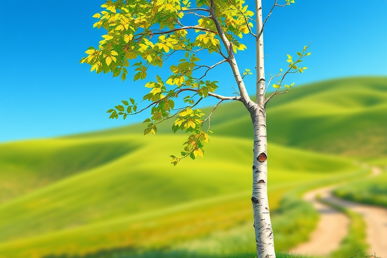 Create a high-resolution illustration of a slender birch tree with white bark and vibrant green and yellow leaves swaying in the wind, set against a clear blue sky, with a soft-focus background featuring rolling green hills and a winding path, using a digital painting style that emphasizes color contrast and detail, with a focus on bright, vivid colors and smooth lines.