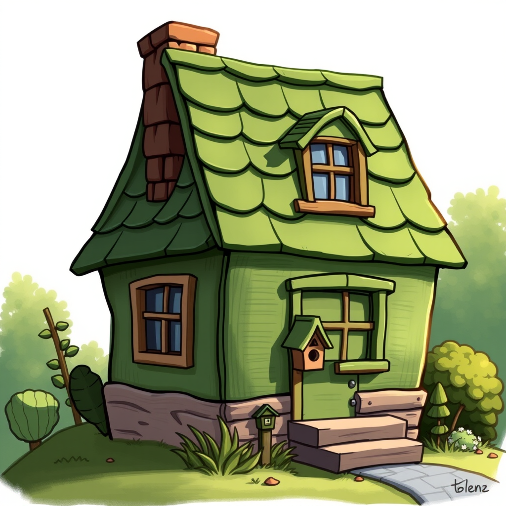 Generate a detailed illustration of a whimsical green house with a sloped roof and a chimney, featuring wooden windows and a small birdhouse, using a DSLR camera with a 50mm lens, f/2.8 aperture, ISO 100, natural lighting, and a slightly elevated angle for depth.