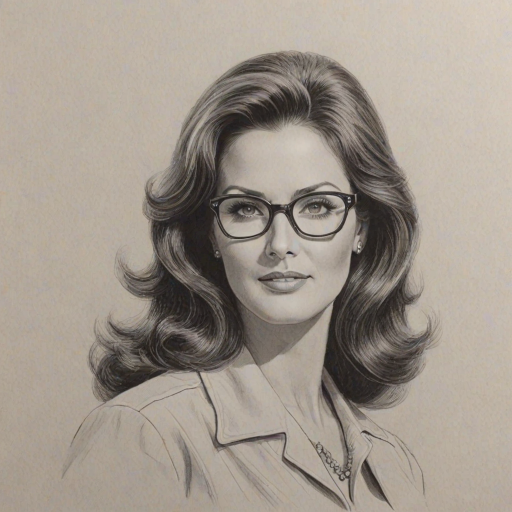 Ravishing Lynda Carter, pencil sketch, portrait of Splendid woman 1960s in glasses, hair style beatnik, outline, clear lines, fine lines, 8k
