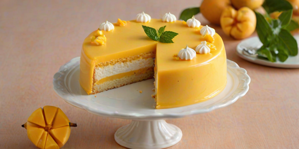 Create an image of a vibrant mango mousse cake. The cake should have a smooth, glossy mango glaze on top, with a layer of fluffy white mousse. Surround the cake with ladyfinger cookies and garnish with fresh mint leaves and pieces of diced mango. Display a slice of the cake on a plate, showcasing the creamy texture and layers inside. The background should be a bright, cheerful blue to enhance the tropical feel.