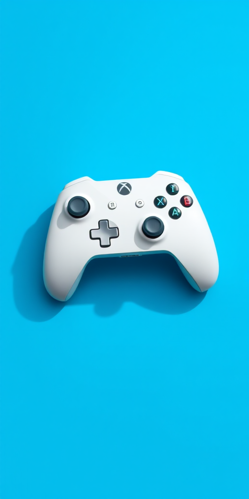 Create a detailed image of a sleek white gaming controller centered on a bright blue circular background, using a DSLR camera with a 50mm lens, aperture set to f/2.8 for shallow depth of field, ISO 100 for high quality, with a soft natural light source and a slight shadow to enhance depth.