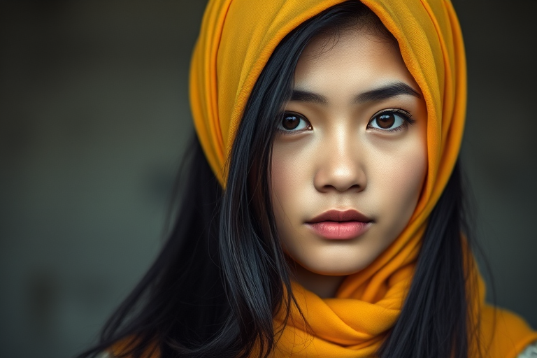 Create a portrait of a young Singaporean woman with long, dark hair and captivating hazel eyes. She is wearing a Yellow headscarf and a matching scarf draped gracefully around her neck. The background is softly blurred, focusing attention on her serene and natural expression. The overall color palette is muted and warm, enhancing the intimate and authentic feel of the portrait.