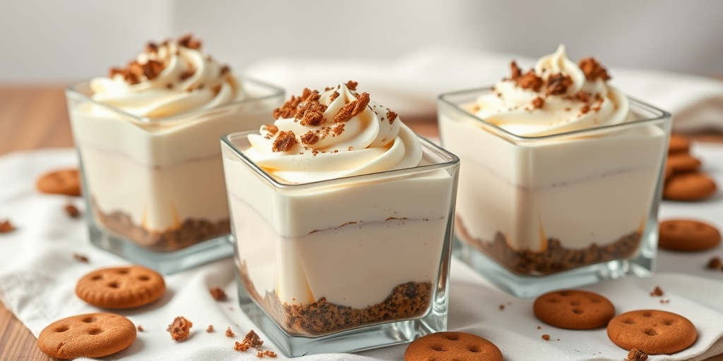 Create an image of three square glass dessert containers filled with layers of creamy dessert topped with piped whipped cream and crushed cookie crumbs placed on a light cloth with scattered cookies around the containers