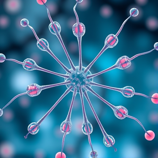 Create a detailed digital illustration of multiple sperm cells radiating outward from a central point, high resolution, soft focus background, macro lens, aperture f/2.8, 50mm lens, natural lighting, vibrant colors.