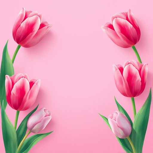 Create an illustration of a pink-themed card with tulip flowers on both sides, featuring a blank center for customization, using a soft-focus lens effect, 35mm camera, aperture f/4, 1/60 shutter speed, with vibrant colors and smooth gradients.