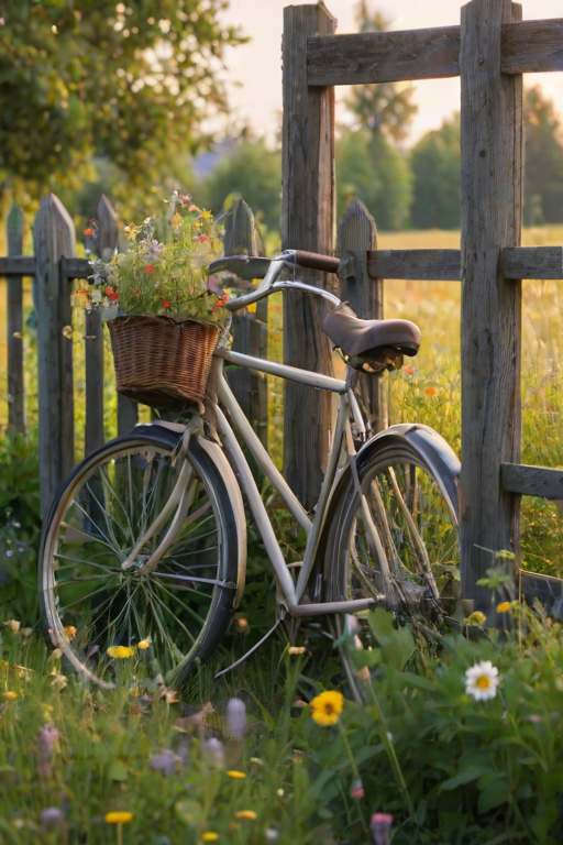 Soft-focus image of an old bicycle leaning against a weathered wooden fence in a quiet village, soft afternoon light illuminating the scene, with wildflowers growing along the fence.