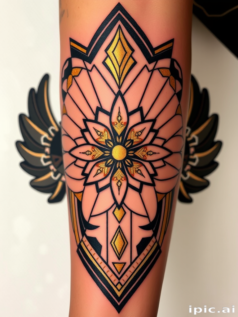 Art deco-inspired tattoo featuring symmetrical patterns, bold geometric shapes, and metallic gold accents, capturing the glamour and sophistication of the roaring twenties