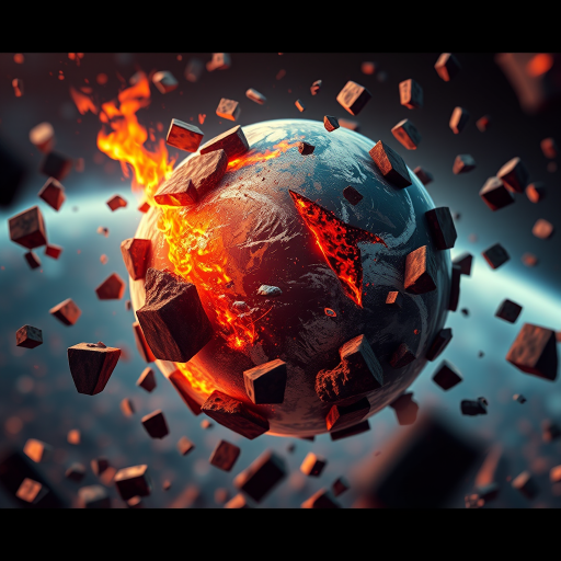 3D rendering of a fragmented Earth surrounded by floating debris, showcasing fiery elements, high resolution, 50mm lens, f/2.8 aperture, ISO 100, low angle view, soft bokeh background, cinematic lighting, digital art style.