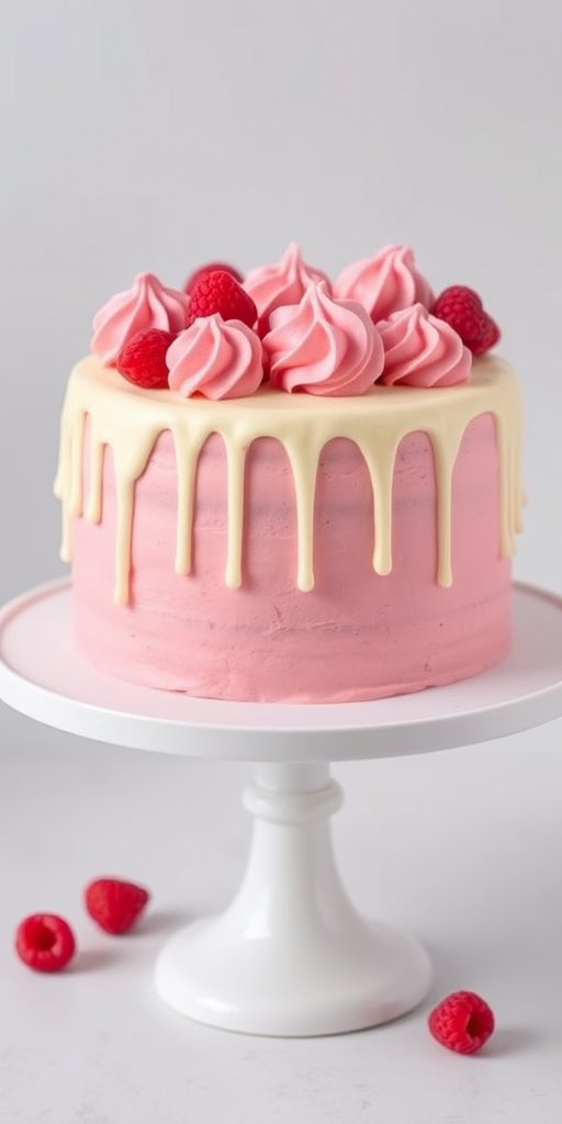 Create a beautiful pink cake with layers of pink frosting and a smooth white chocolate drip on top. Decorate the cake with pink macarons, swirls of pink buttercream, and fresh raspberries for an elegant touch. The cake should be presented on a white cake stand against a light gray background.