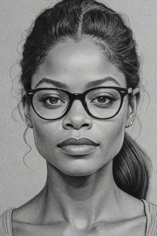 Splendid Naomie Harris, pencil sketch, portrait of Fascinating woman 1966s in glasses, hair style beatnik, outline, clear lines, fine lines, 8k