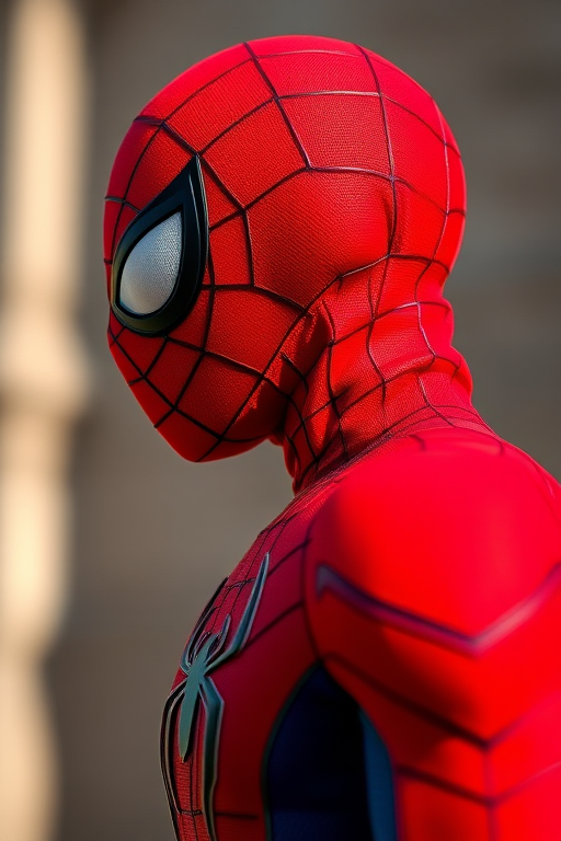 Regenerate an image of a red Spider-Man costume figure from a side view, with a focus on the texture of the fabric and mask, using a DSLR camera at f/2.8 aperture, 50mm lens, ISO 100, and natural lighting for enhanced clarity and detail.