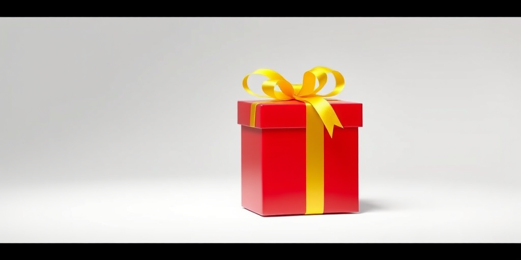 Render a high-quality digital illustration of a simple red gift box with a yellow ribbon, using a Canon EOS R5, 50mm lens, f/2.8 aperture, ISO 100, in a bright studio lighting setup, centered on a white background.