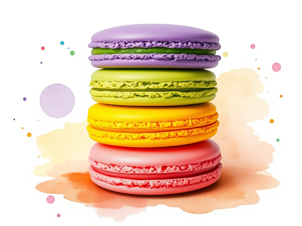 Create a watercolor illustration of a stack of five colorful macarons (purple, green, yellow, orange, pink) on a light textured background with soft splashes of watercolor, using a Canon EOS R6 with a 50mm f/1.8 lens at f/4, ISO 100, and a soft-focus effect to enhance the artistic details.