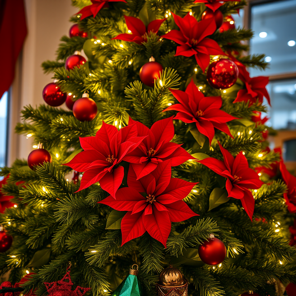 Generate an image of a beautifully decorated Christmas tree with bright lights, red poinsettias, and shiny red ornaments. The scene should evoke a warm and festive holiday atmosphere.