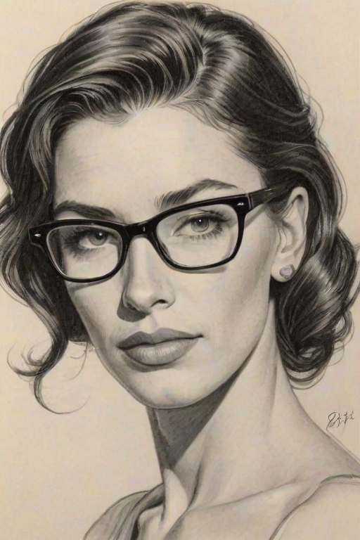 Enticing Claudia Black, pencil sketch, portrait of Sublime woman 1956s in glasses, hair style beatnik, outline, clear lines, fine lines, 8k