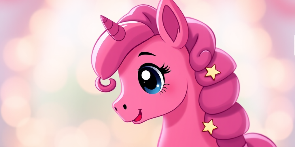 Create a vibrant pink cartoon pony with curly mane, stars on its side, captured in high resolution with a 50mm lens, f/2.8 aperture, ISO 100, soft lighting, and a slight bokeh effect for depth.
