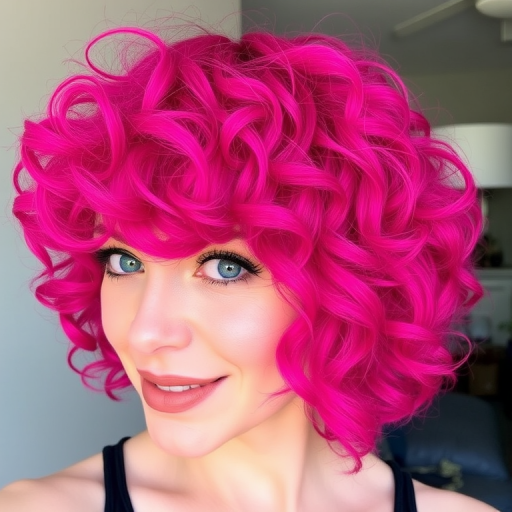 Vibrant magenta curly shag with choppy layers and curtain bangs, embracing natural texture for a retro-inspired and carefree look