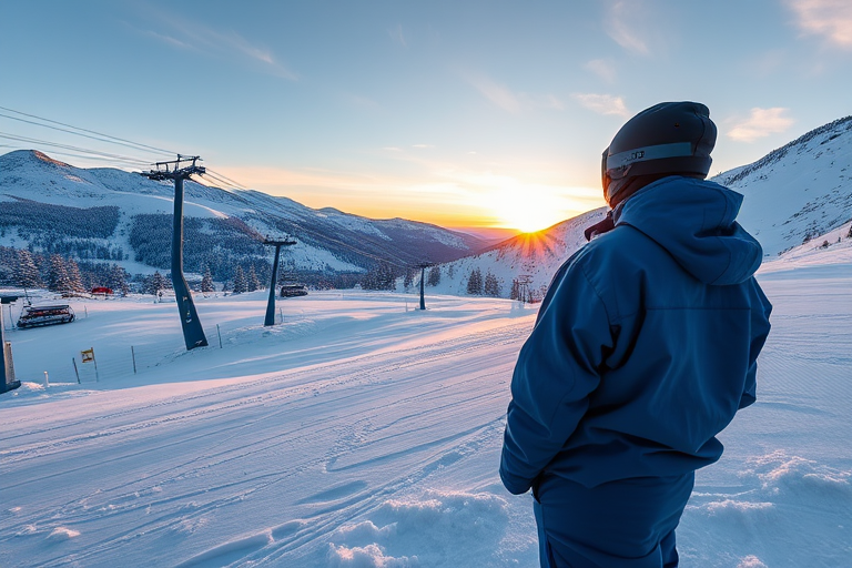 A person in a blue jacket standing on a snowy ski slope looking at a ski lift, shot during golden hour with a DSLR camera, aperture f/8, shutter speed 1/200s, ISO 100, wide-angle lens, vibrant colors, high contrast, capturing the serene winter landscape.