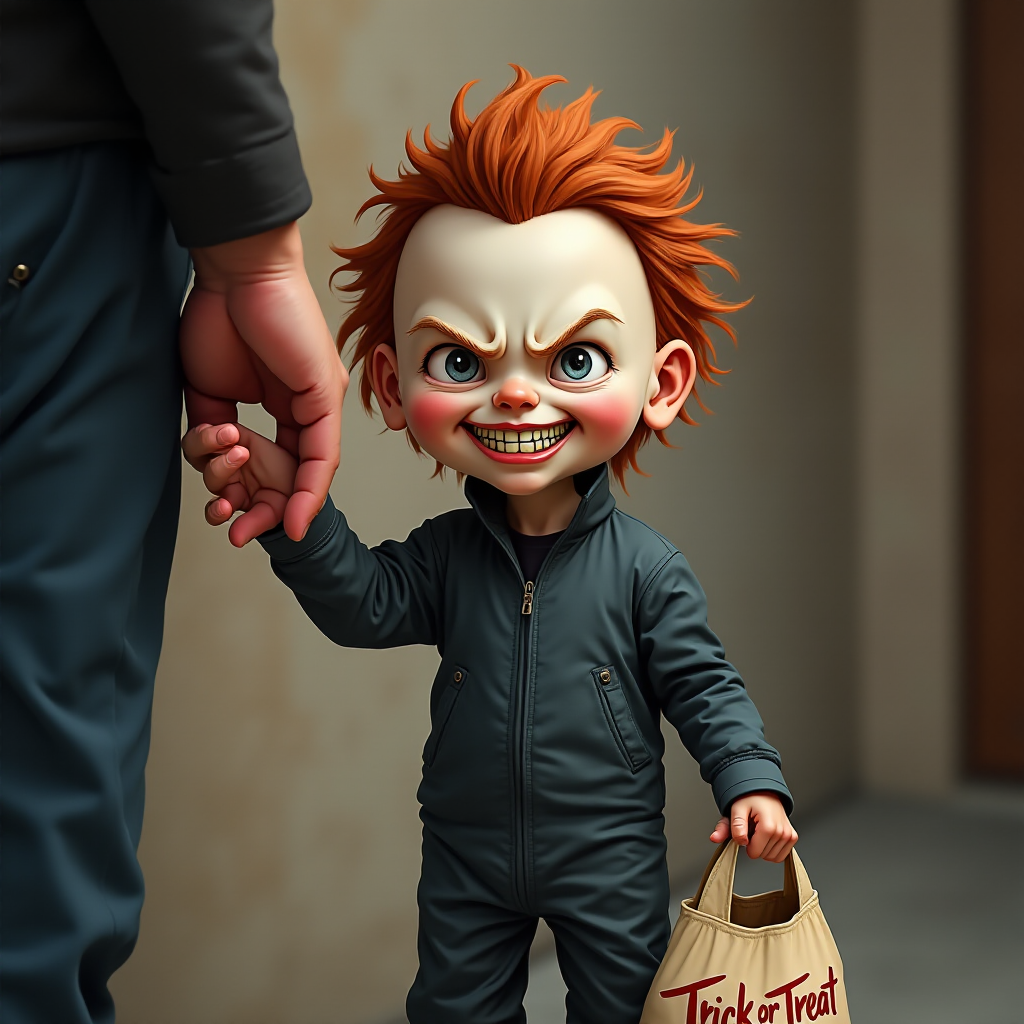 A whimsical caricature of a child version of Michael Myers, grinning mischievously. He is held by the hand of an unrecognizable person (only their hand visible), while holding a bag labeled 'Trick or Treat.' His facial expression is playful yet slightly menacing, reflecting his iconic figure. The scene is in portrait format with a Halloween theme, featuring exaggerated cartoon details like big eyes, a small body, and a creepy yet light-hearted tone.