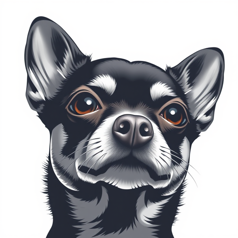Create a detailed, high-contrast illustration of a Chihuahua's face with sharp lines and textures, shot using a Canon EOS R5 at f/8, 50mm lens, with a slight vignette effect to enhance focus on the subject and a white background for contrast.