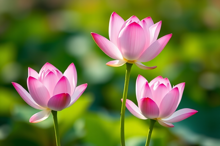 Create an image of three pink lotus flowers with green stems against a softly blurred background, using a DSLR camera with a focal length of 50mm, aperture set to f/2.8 for a shallow depth of field, ISO 100 to maintain image clarity, and natural light for a vibrant color rendering.