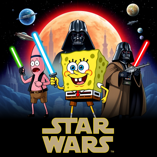 Create a parody of the Star Wars poster with SpongeBob as Luke Skywalker, holding a glowing spatula like a lightsaber. Patrick Star takes the role of Han Solo, holding a blaster, while Squidward is Obi-Wan Kenobi, draped in robes. In the background, Plankton appears as Darth Vader, with Bikini Bottom’s landmarks reimagined as spaceships and planets. The iconic Star Wars logo is swapped for "Sponge Wars," creating a playful, sci-fi adventure scene.