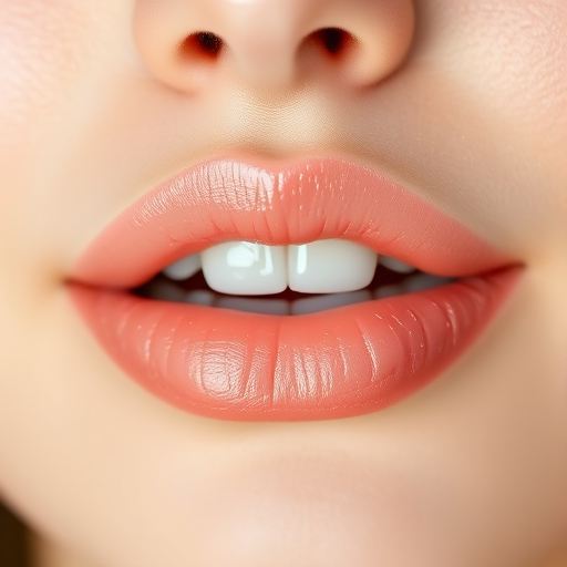 Soft pastel peach lips with a hint of sparkle, natural-looking fullness, dewy finish mimicking fresh fruit, youthful and radiant Peachy Dew Glimmer aesthetic