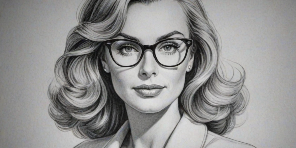 Enticing Eileen Davidson, pencil sketch, portrait of Enticing woman 1939s in glasses, hair style beatnik, outline, clear lines, fine lines, 8k