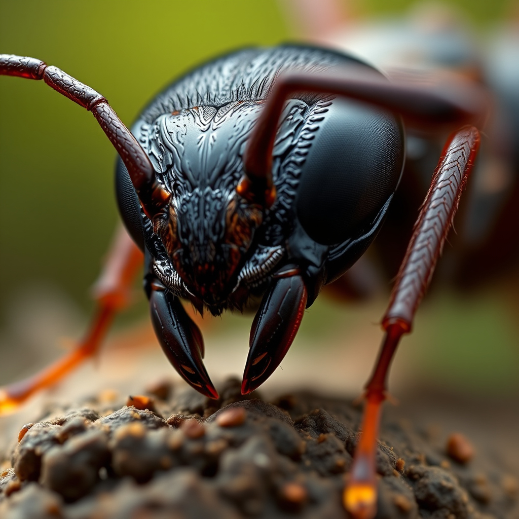 Create a highly detailed digital illustration of a realistic ant, macro view, using a DSLR camera at f/2.8 aperture, 100mm lens, with soft natural lighting to enhance texture and color depth.